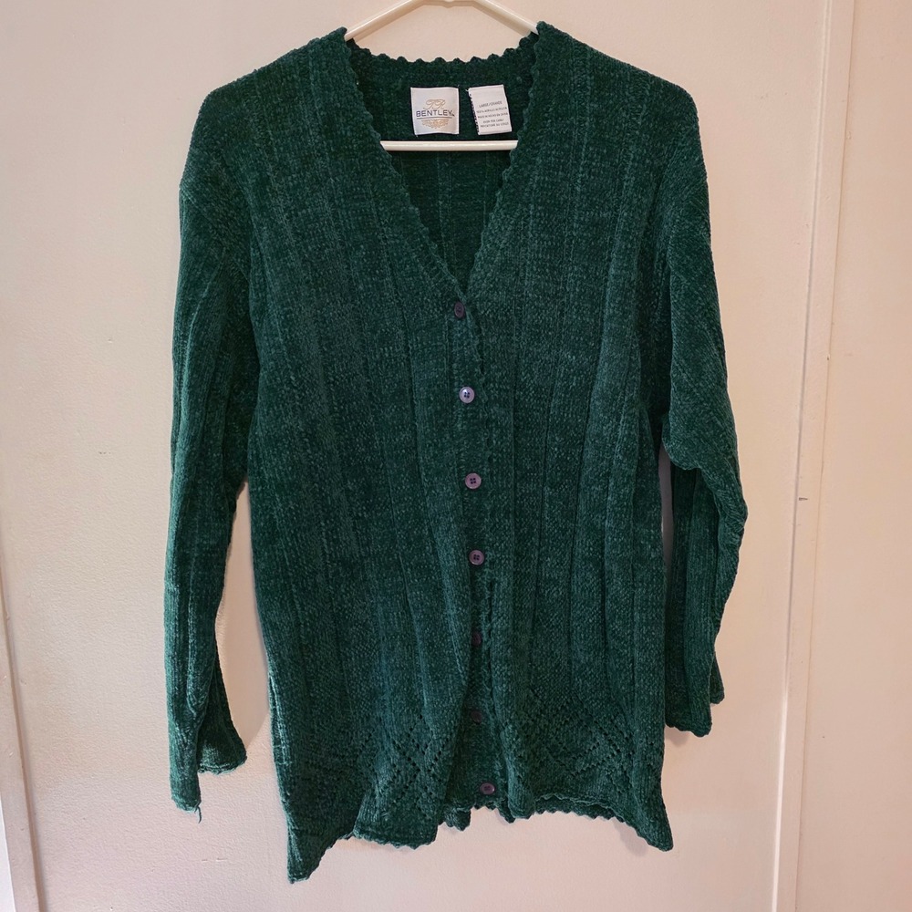 Womens Chenille Cardigan Size Large Green Knit Pointelle Button Front Scallop